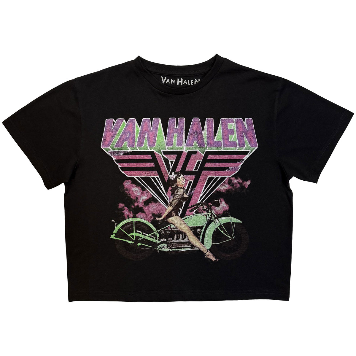 VAN HALEN - NEON RETRO PIN UP RIDER - Ladies Crop Top Black