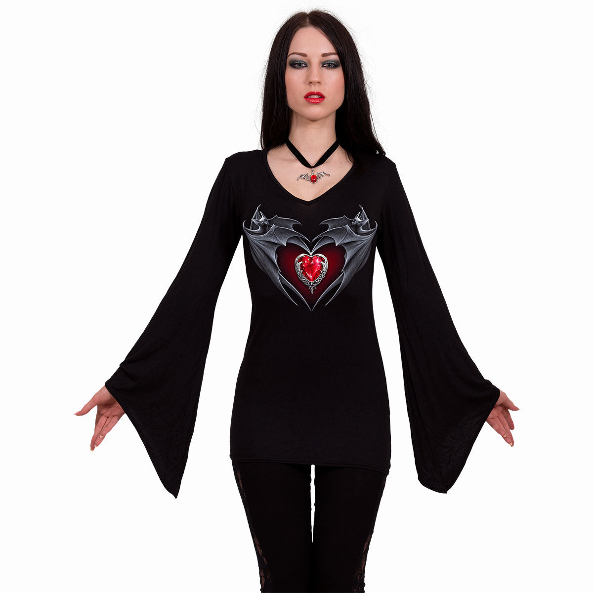 BAT'S HEART - Bluzka z rękawem V Neck Goth czarna