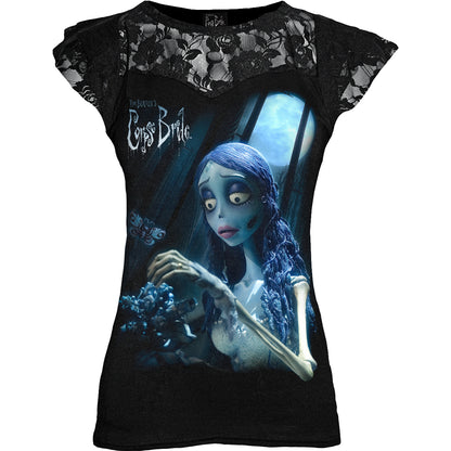 CORPSE BRIDE - GLOW IN THE DARK - Lace Layered Cap Sleeve Top Black