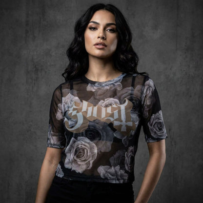 GHOST - LOGO & ROSES - Ladies Crop Top Black