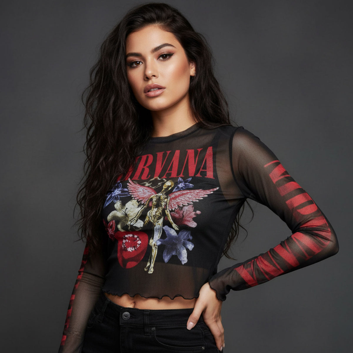 NIRVANA - IN UTERO VINTAGE COLLAGE - Ladies Long Sleeve Crop Top Black
