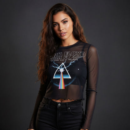 PINK FLOYD - LIGHTNING PRISM - Ladies Long Sleeve Crop Top Blue