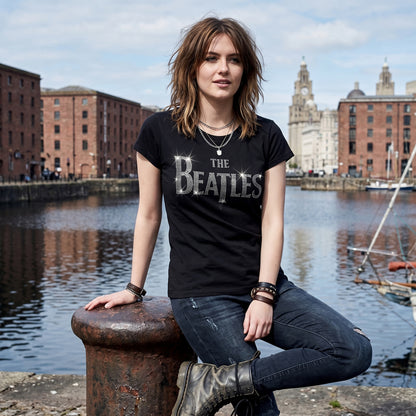 THE BEATLES - DROP T CRYSTALS - Ladies T-Shirt Black (Embellished)