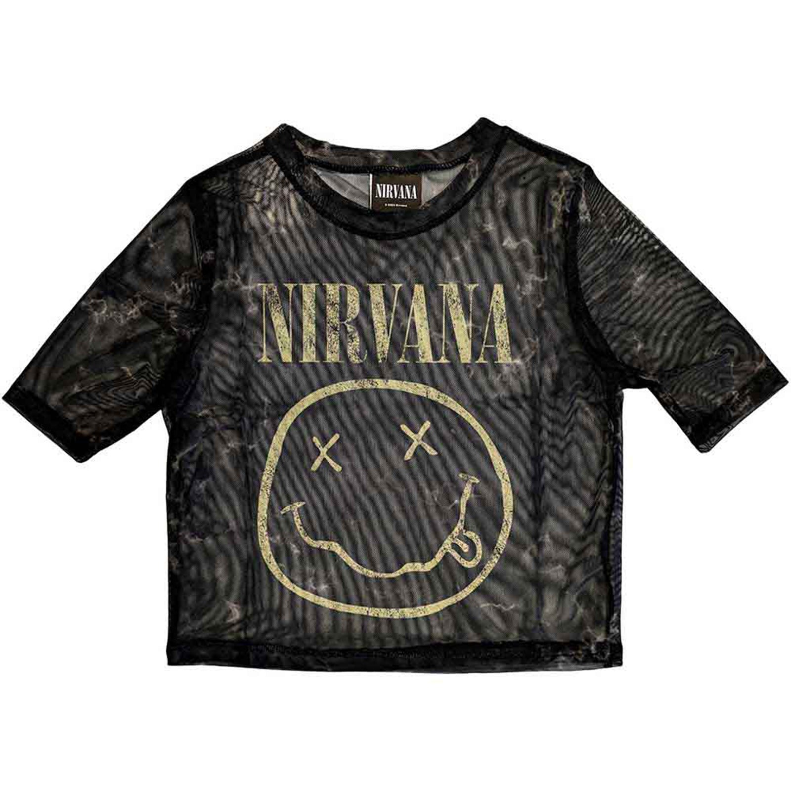 NIRVANA - YELLOW HAPPY FACE - Crop Top Black (Mesh)