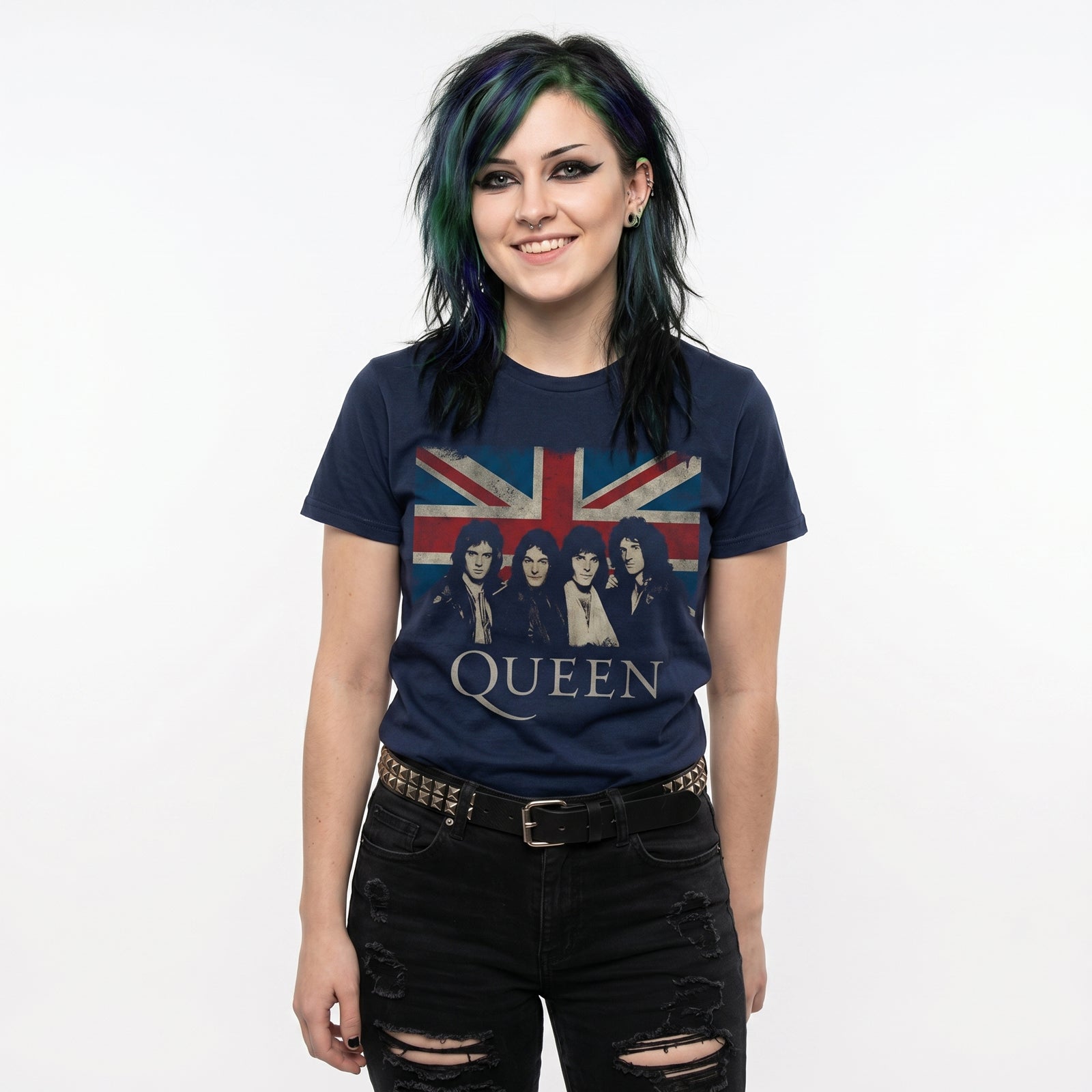 QUEEN - VINTAGE UNION JACK - Ladies T-Shirt Blue