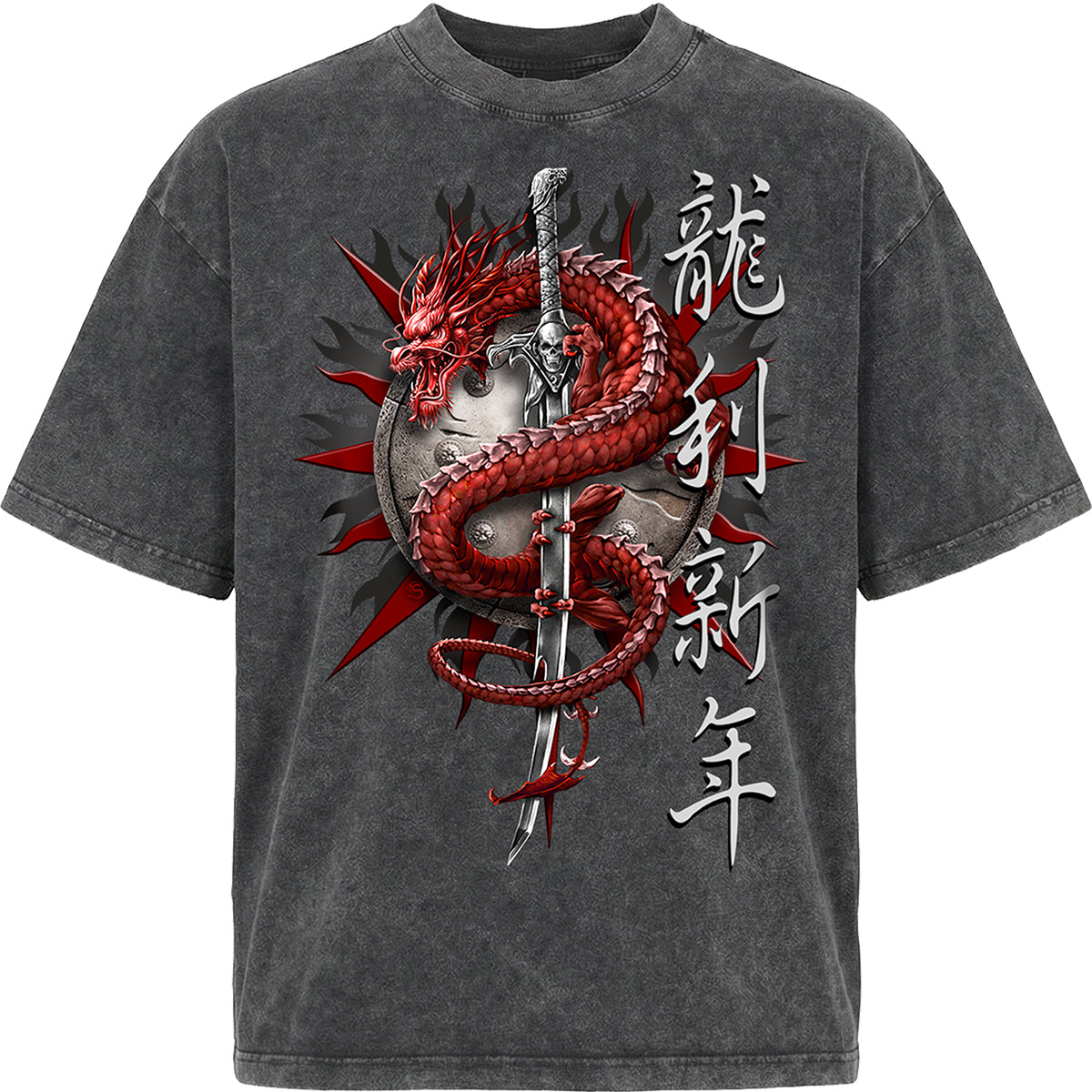 ORIENTAL DRAGON - Box T-Shirt Acid Wash Charcoal