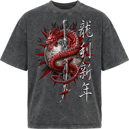 ORIENTAL DRAGON - Box T-Shirt Acid Wash Charcoal