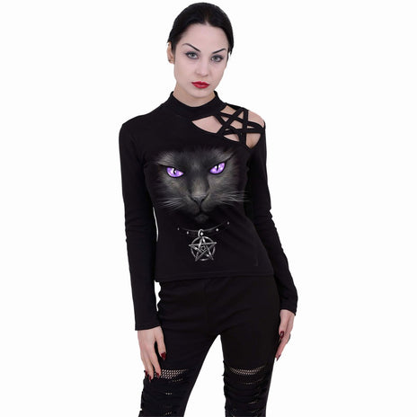 BLACK CAT - Bluzka z długim rękawem z pentagramem na ramieniu