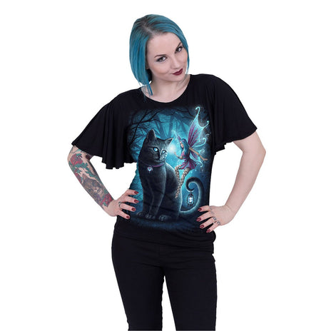 CAT AND FAIRY - Top z nietoperzowym rękawem z dekoltem w łódkę, czarny