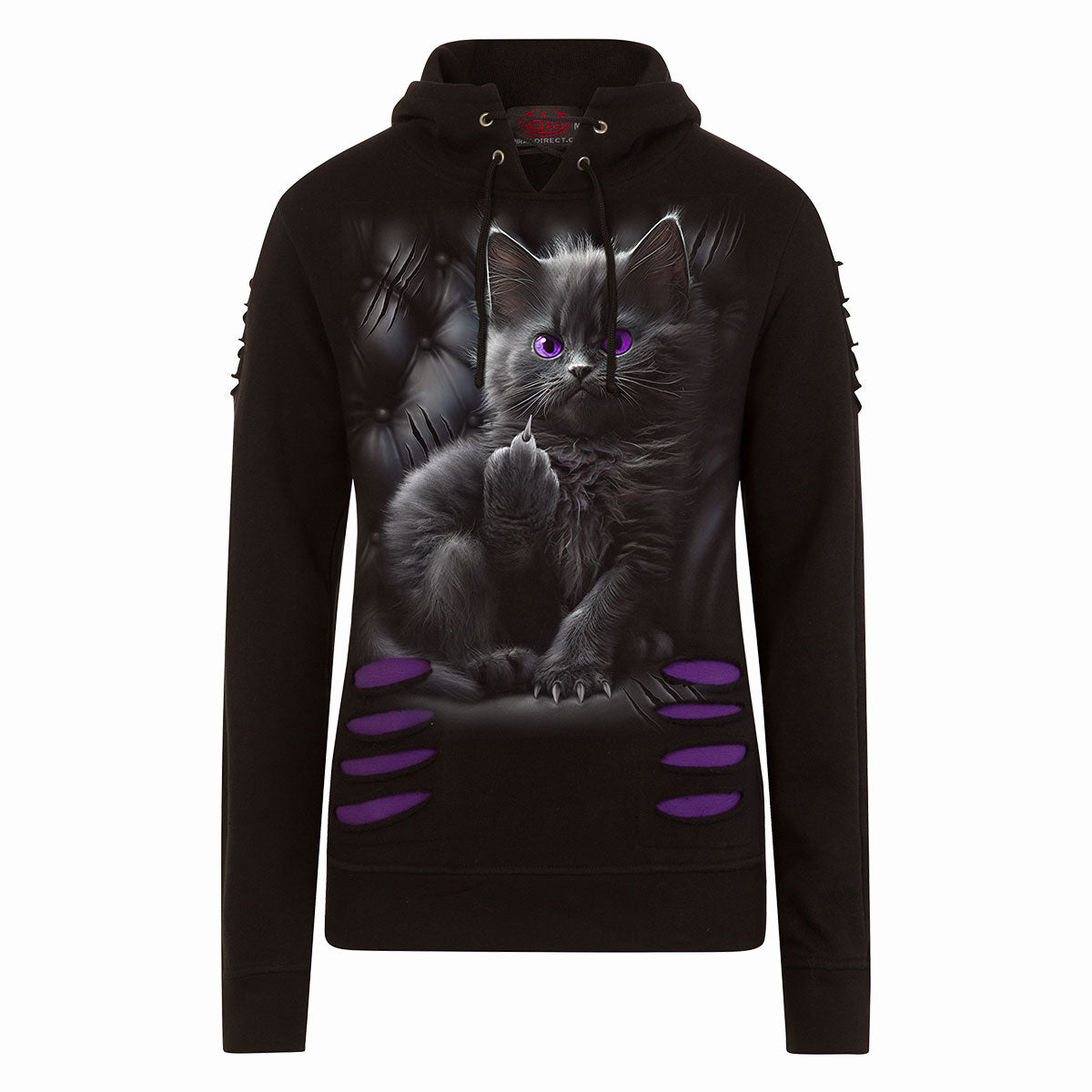 CATTITUDE - Large Hood Ripped Hoody Purple-Black