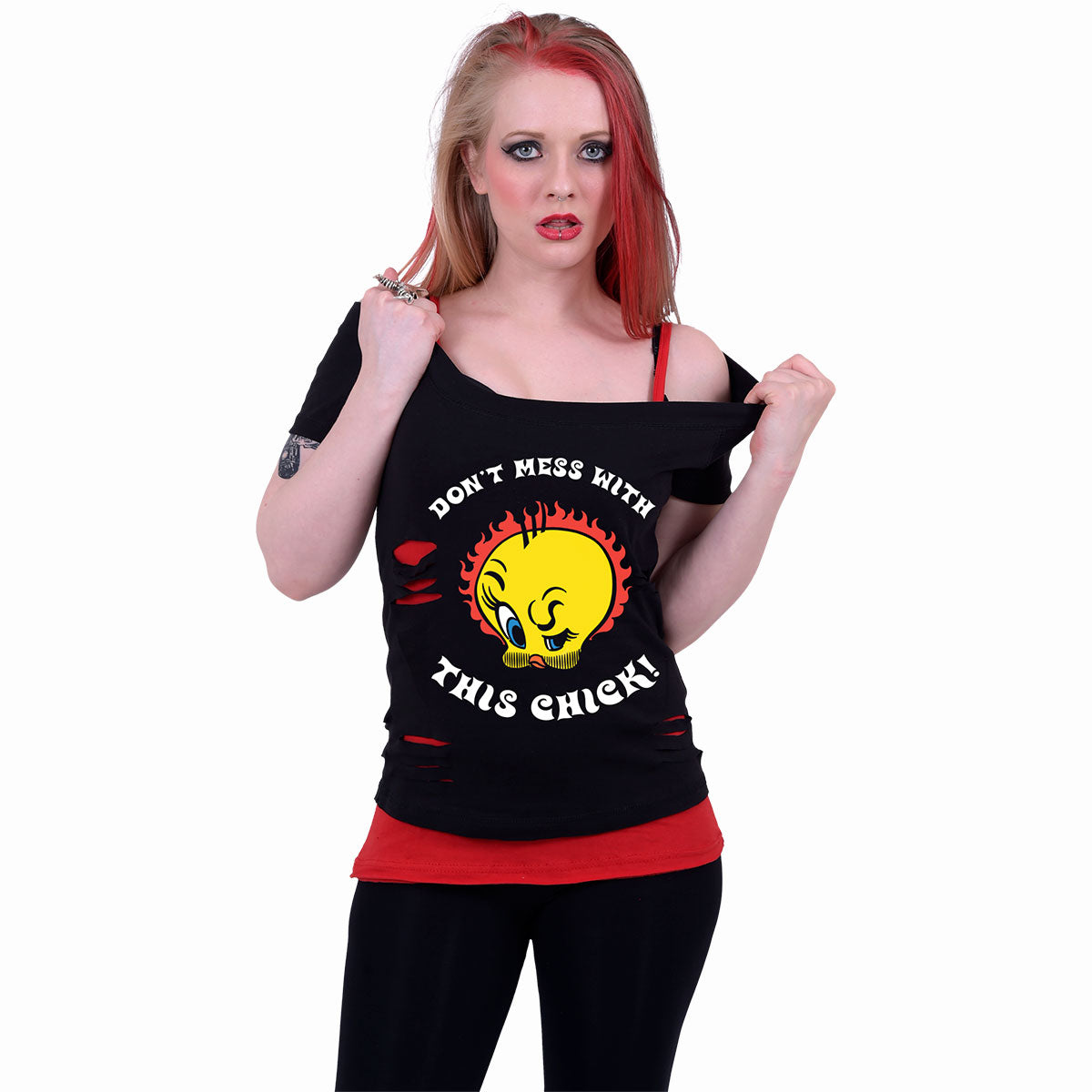 TWEETY - TOUGH CHICK - 2w1 Red Ripped Top Czarny