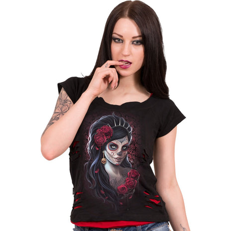 DAY OF THE DEAD - 2w1 Red Ripped Top Black