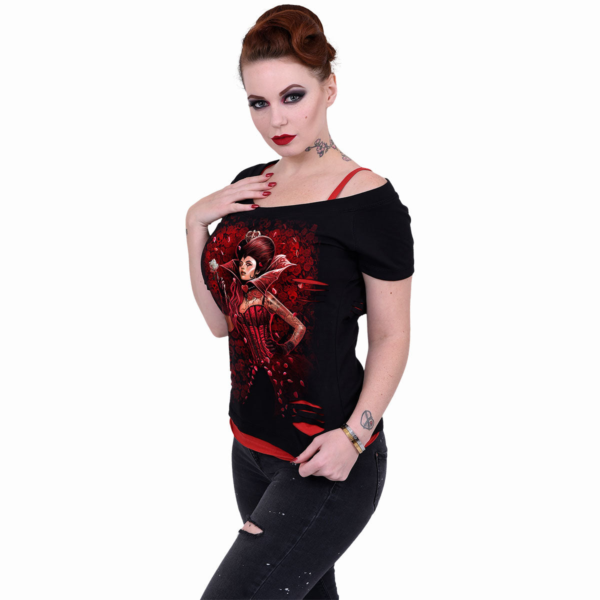 QUEEN OF HEARTS - 2w1 Red Ripped Top Czarny