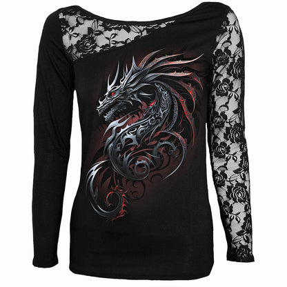 DRAGON SHARDS - Lace One Shoulder Top Black