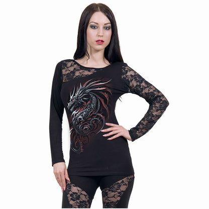 DRAGON SHARDS - Lace One Shoulder Top Black