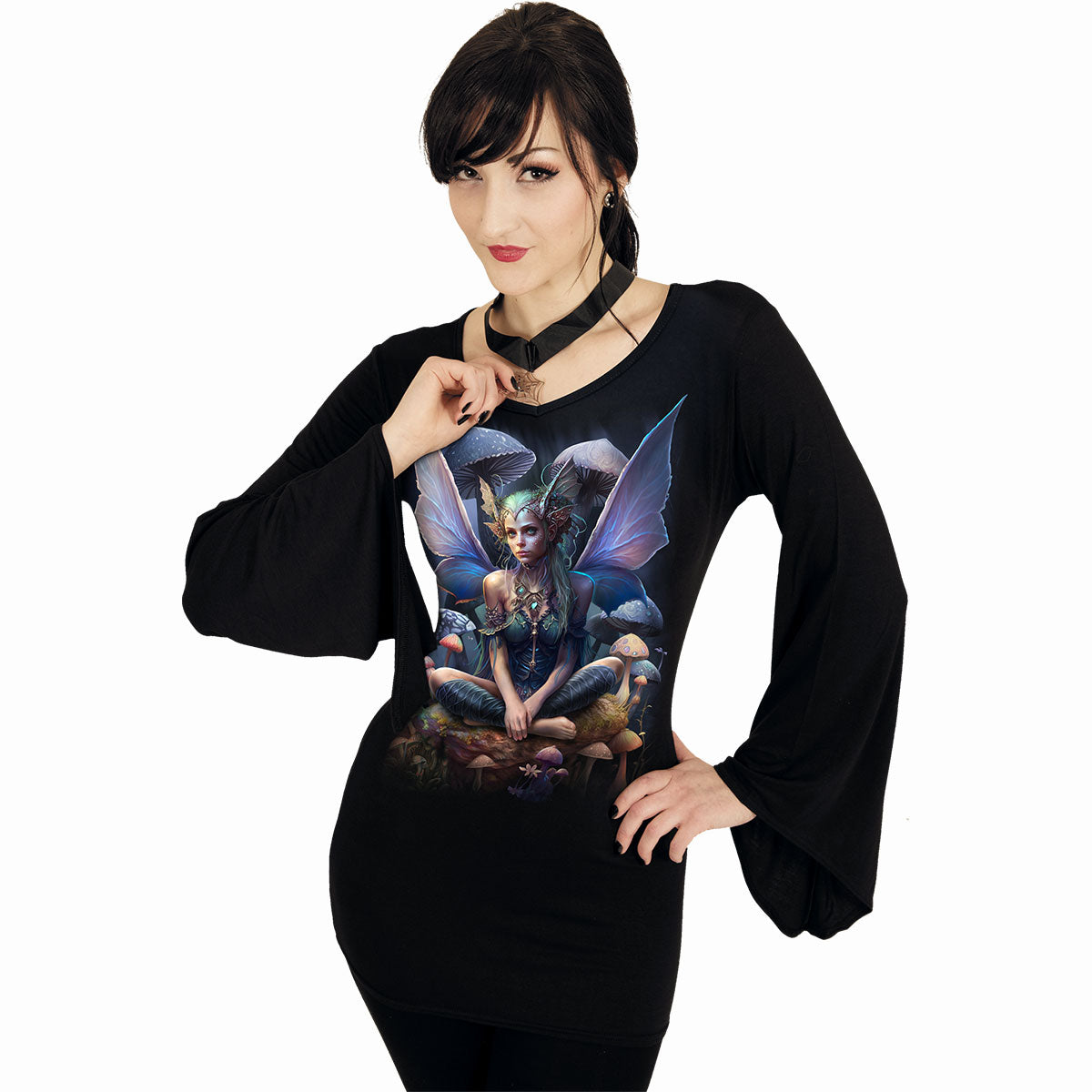 MAGICAL - Goth Sleeve Top z dekoltem V, czarny