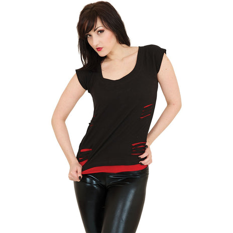 URBAN FASHION - 2w1 Red Ripped Top Black