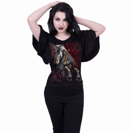 INFERNAL UNICORN - Boat Neck Bat Sleeve Top Black