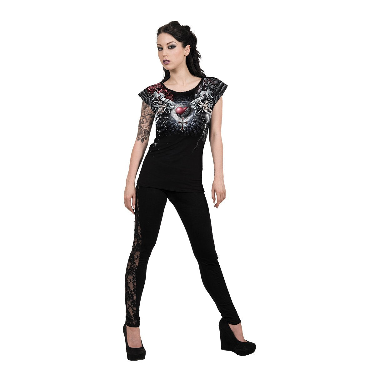 LIFE AND DEATH CROSS - Allover Cap Sleeve Top Black - Spiral USA